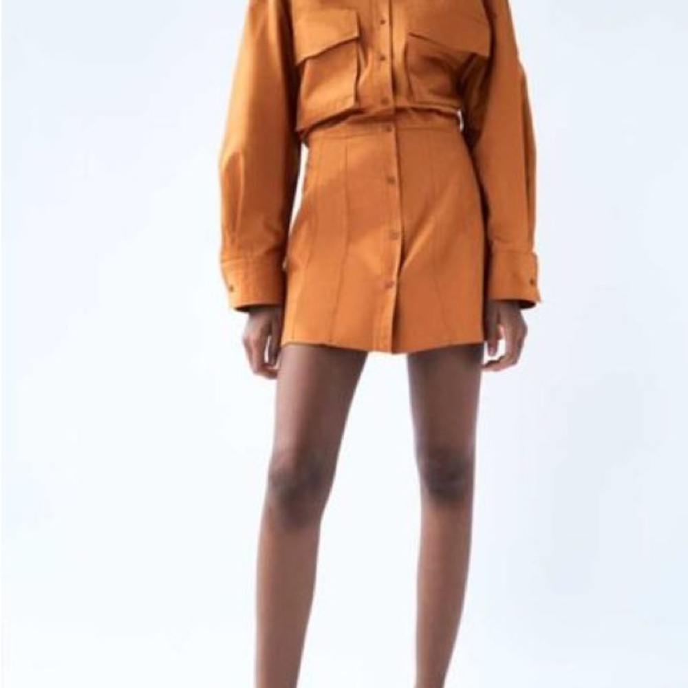 NWT Zara Women's Rust Orange Button-Front Mini Skirt Set, M
